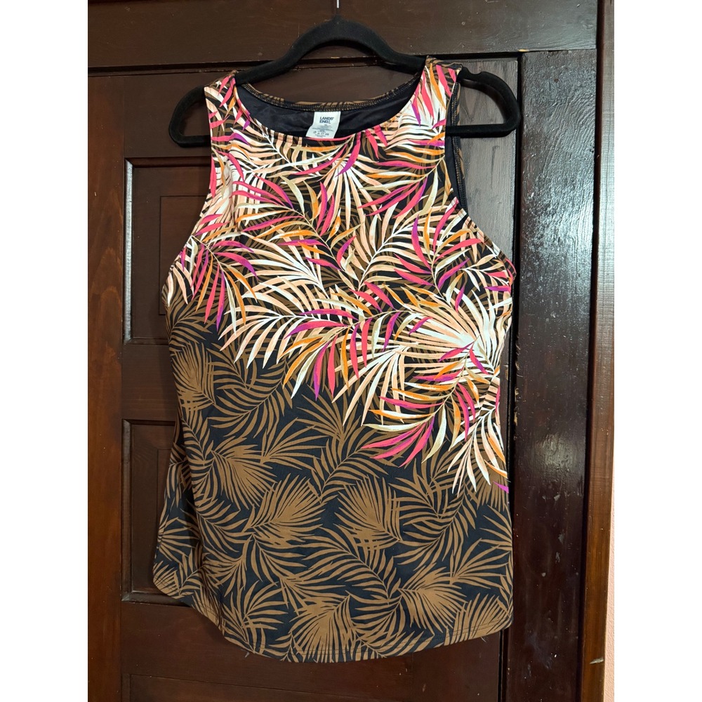 Lands End Women 16L Tropical Palm Leaf Tankini Swim Top Brown Pink Sleeveless